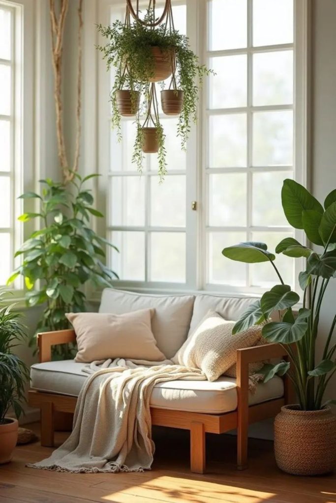 Sunlit boho corner with plants.