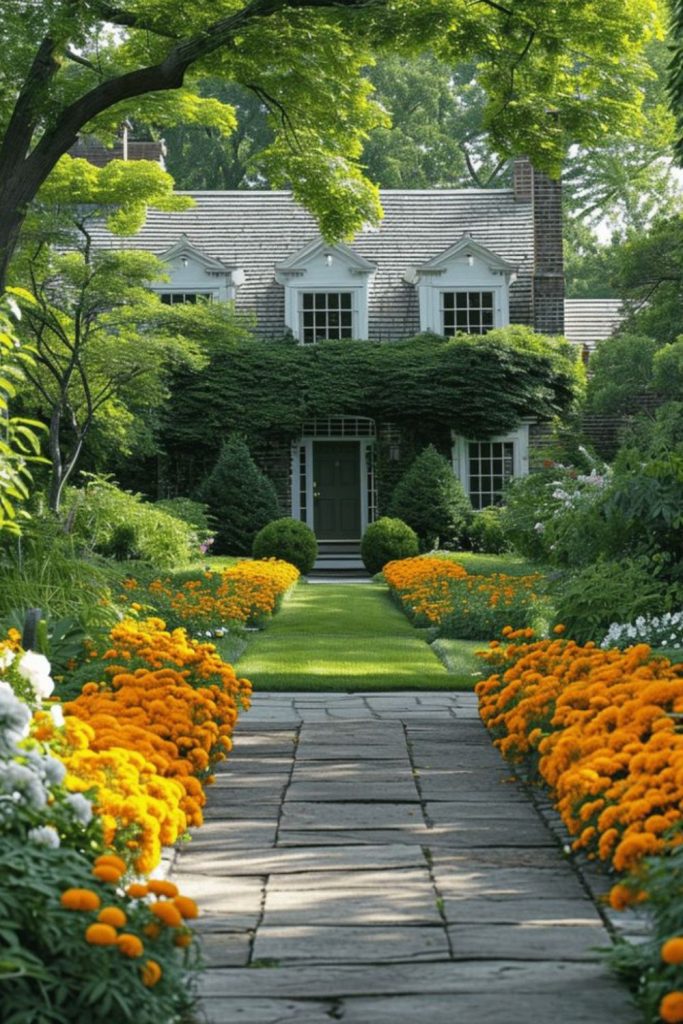 Bright marigolds along jagged garden stones.