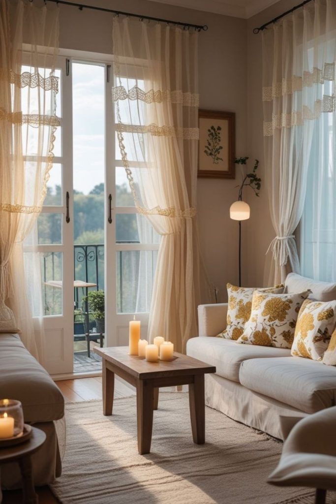 Airy linen curtains in soft sunlight.