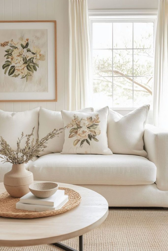 Linen lounge nook with airy textures.