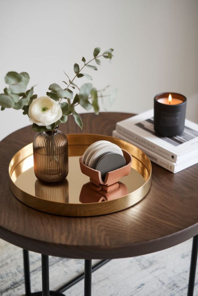Coffee table layered with decorative objects.