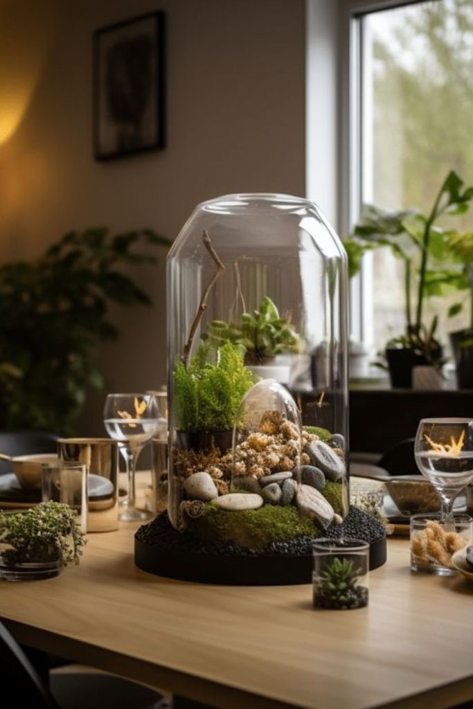 Glass terrarium centerpiece on table.