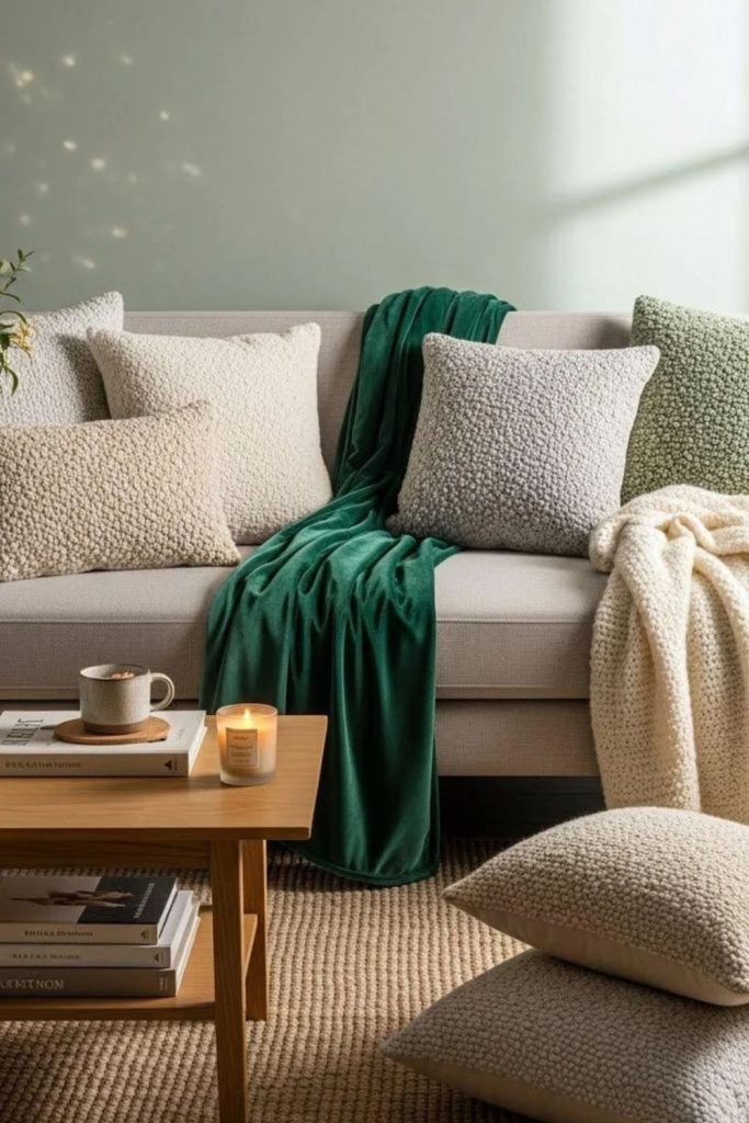 Throws and pillows refreshing tactile surfaces.