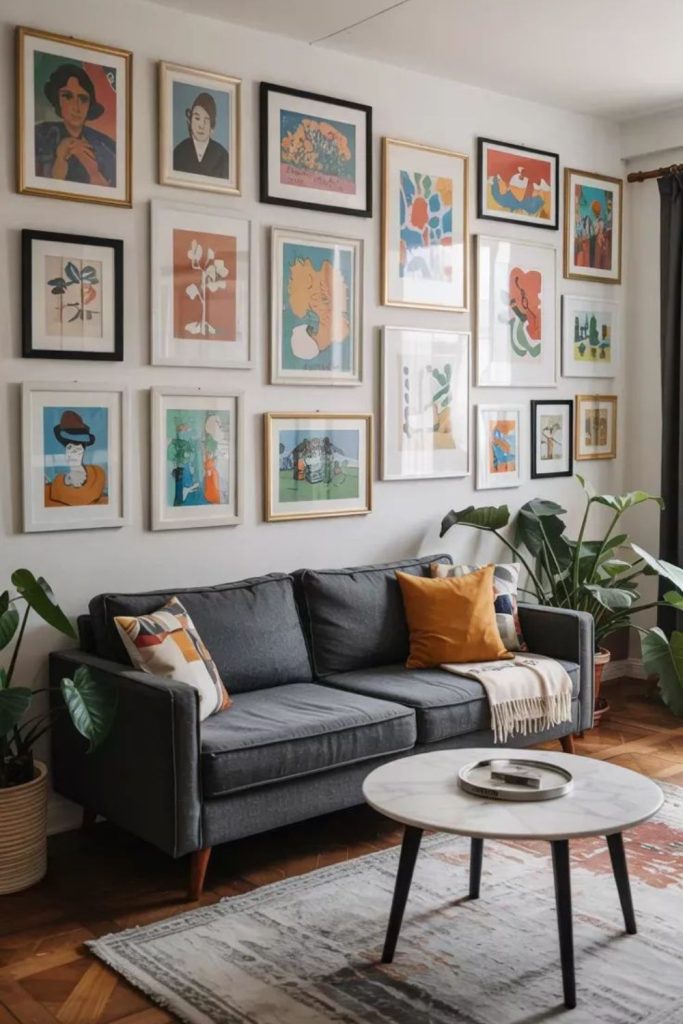 Eclectic wall frames with quirky art