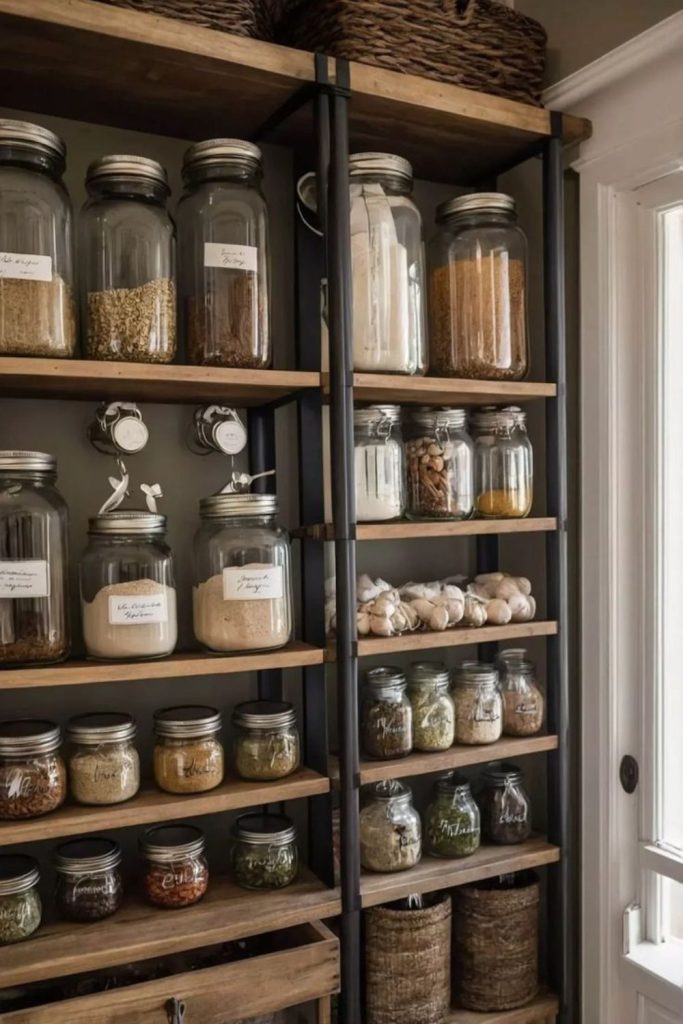 Tiered shelf organizing jars and cans