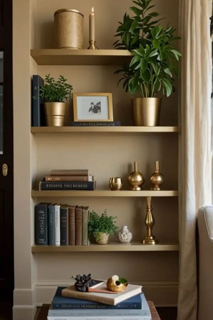 Stacked books styled on shelf.
