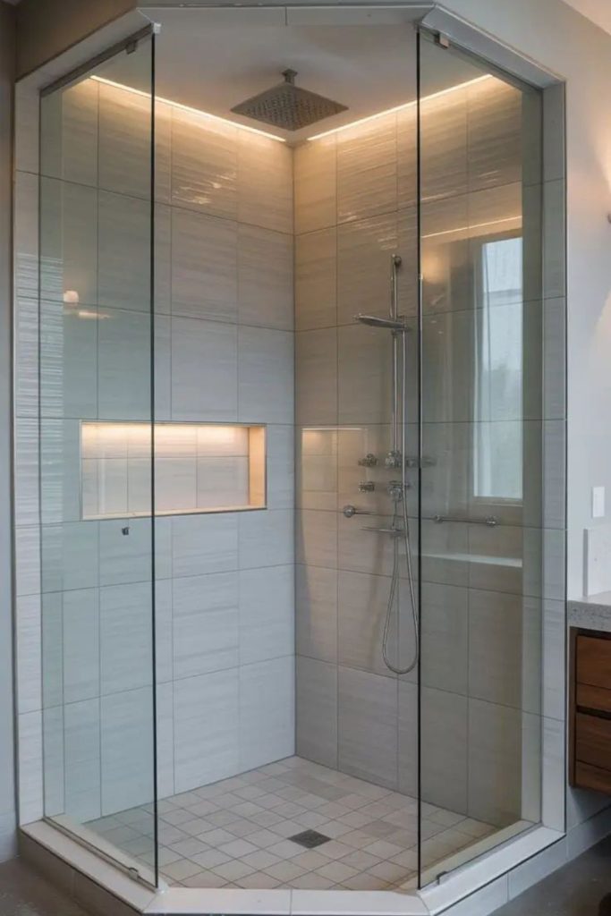 Curved glass corner shower space.