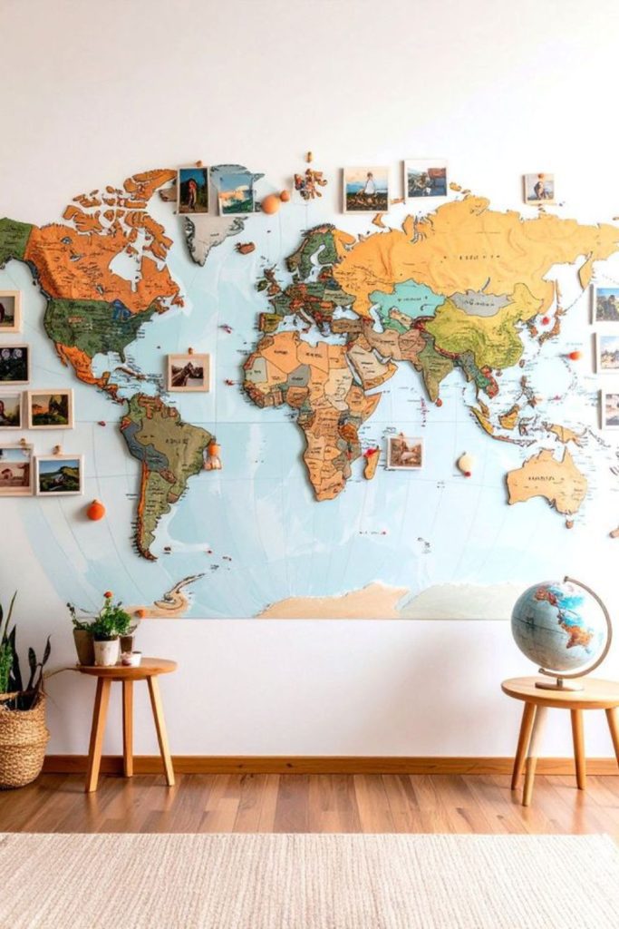 Travel map wall with memory photos.