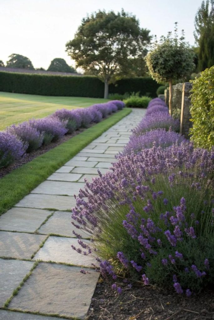 Long lavender rows under evening sky.
