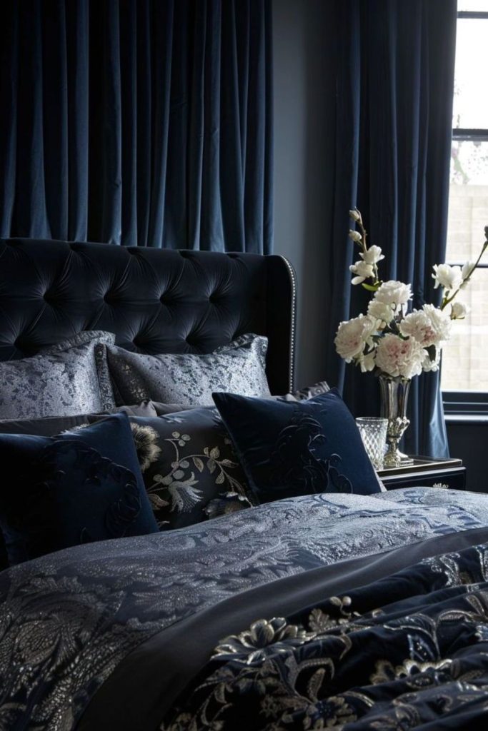 Indigo velvet ambient moody bedroom