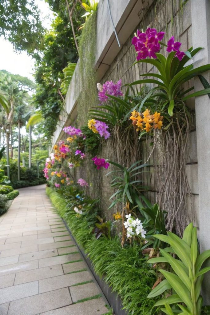 Orchids climbing crooked trellises at dusk.