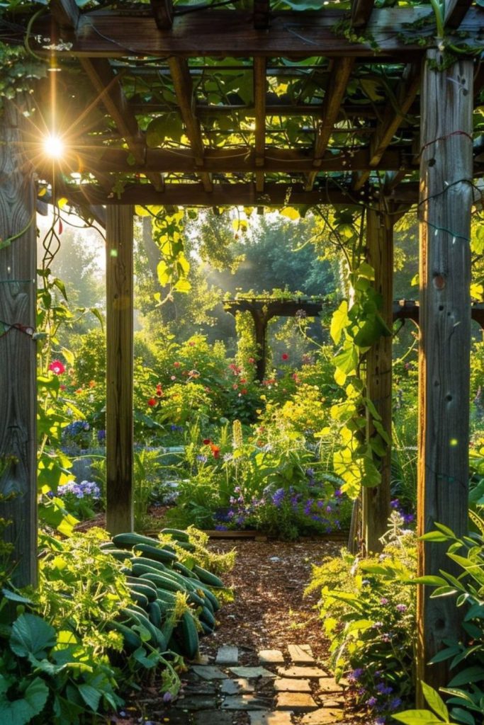 Crooked vine-covered trellises forming shady alcove.