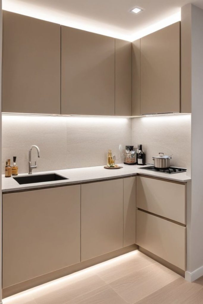 Under-cabinet LED lights revealing storage