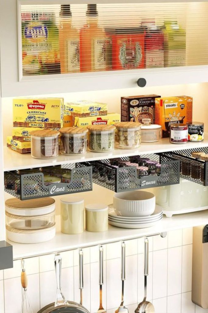 Under-shelf wire baskets for packets