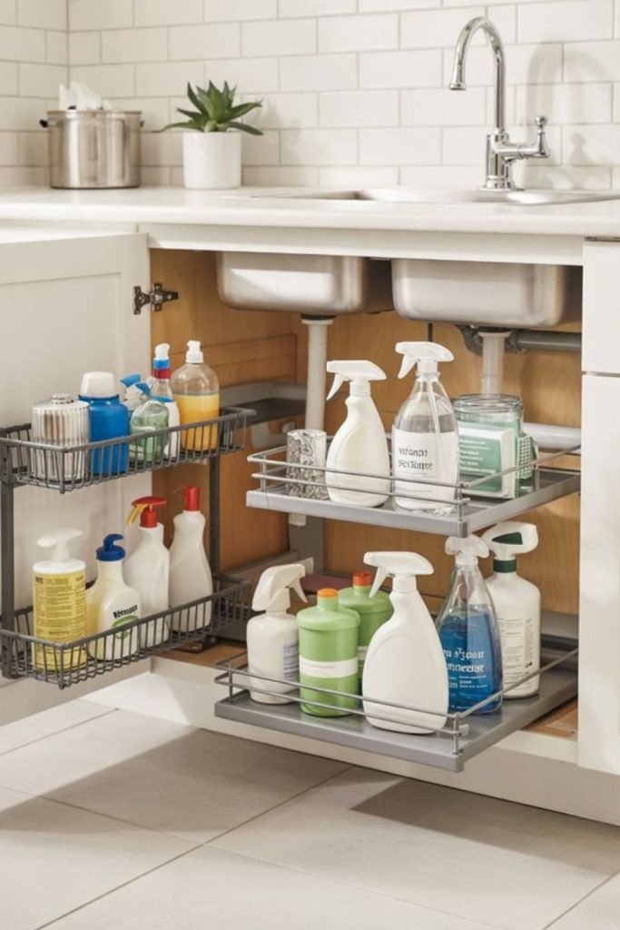 Vertical under-sink organizers for cleaning