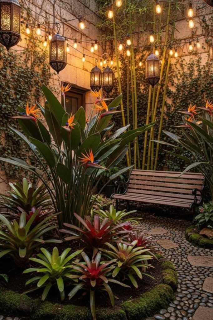 Urban jungle oasis with dense greenery