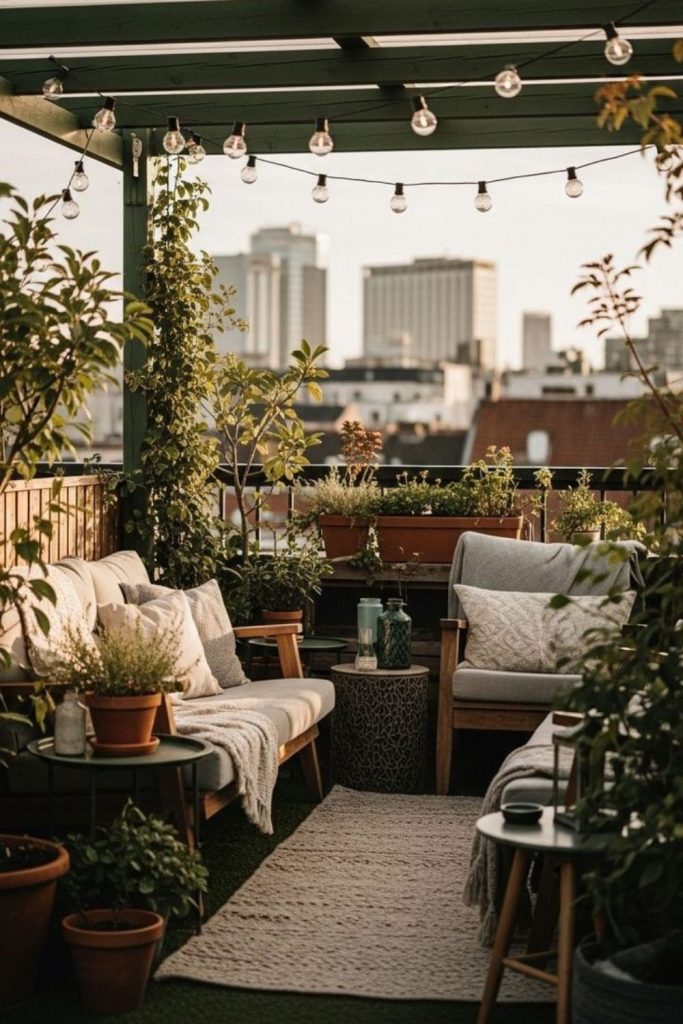 Green rooftop with urban cityscape