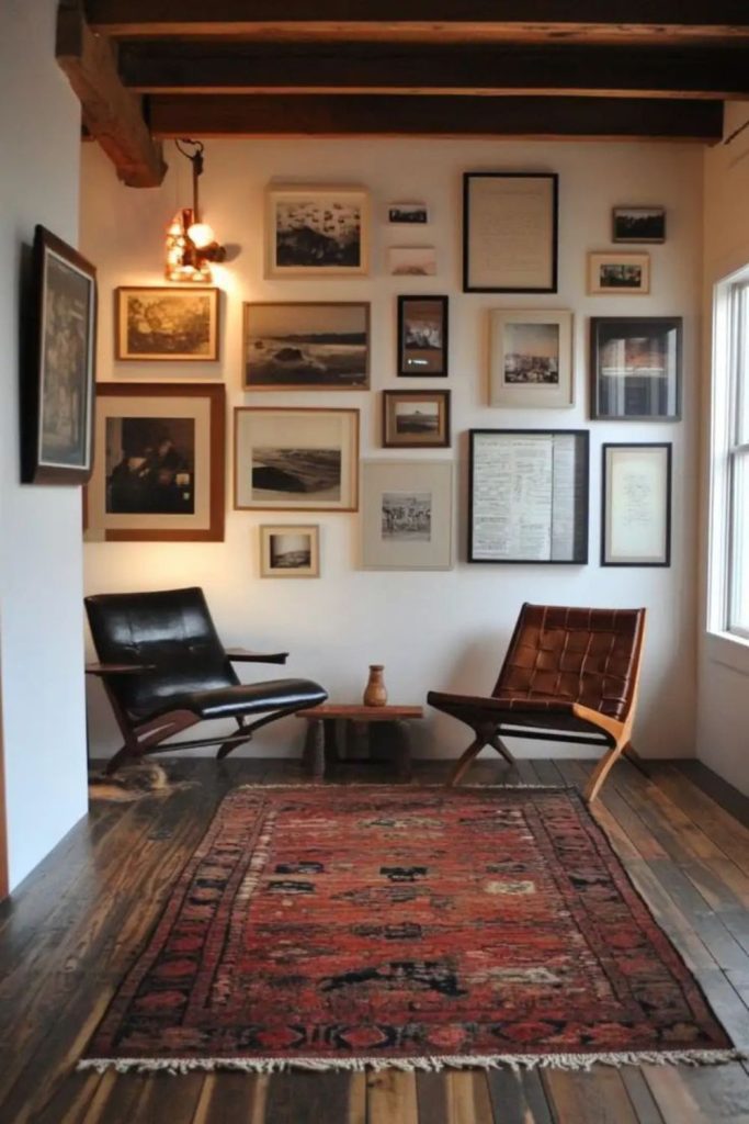 Urban mosaic mixed frame gallery wall display.