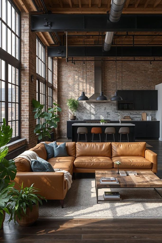Industrial urban loft with leather stools