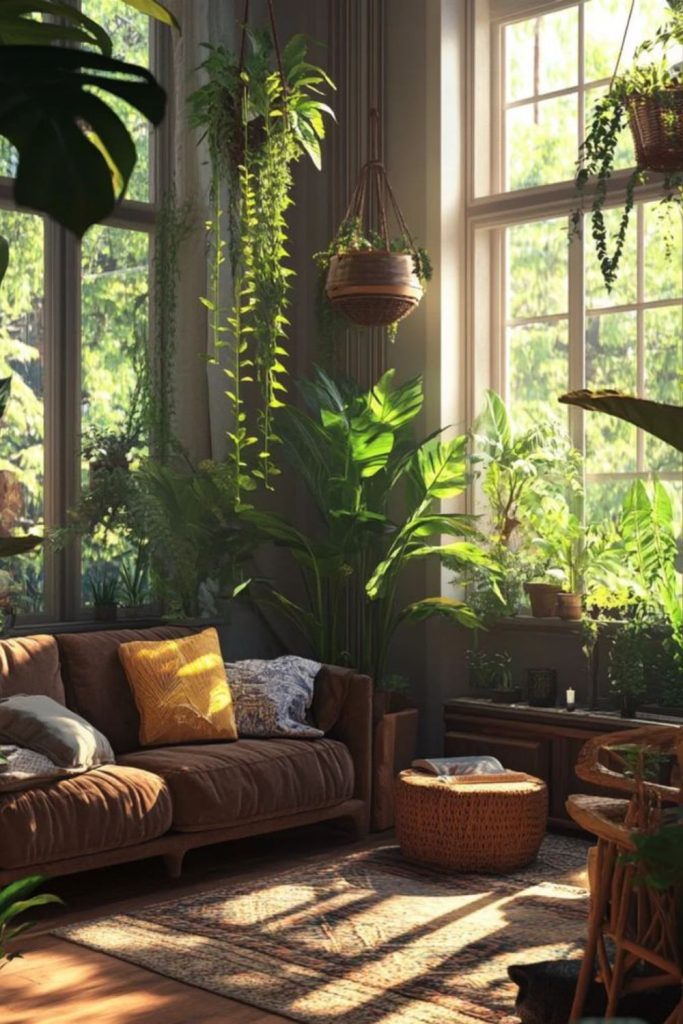 Lush indoor jungle with leafy plants