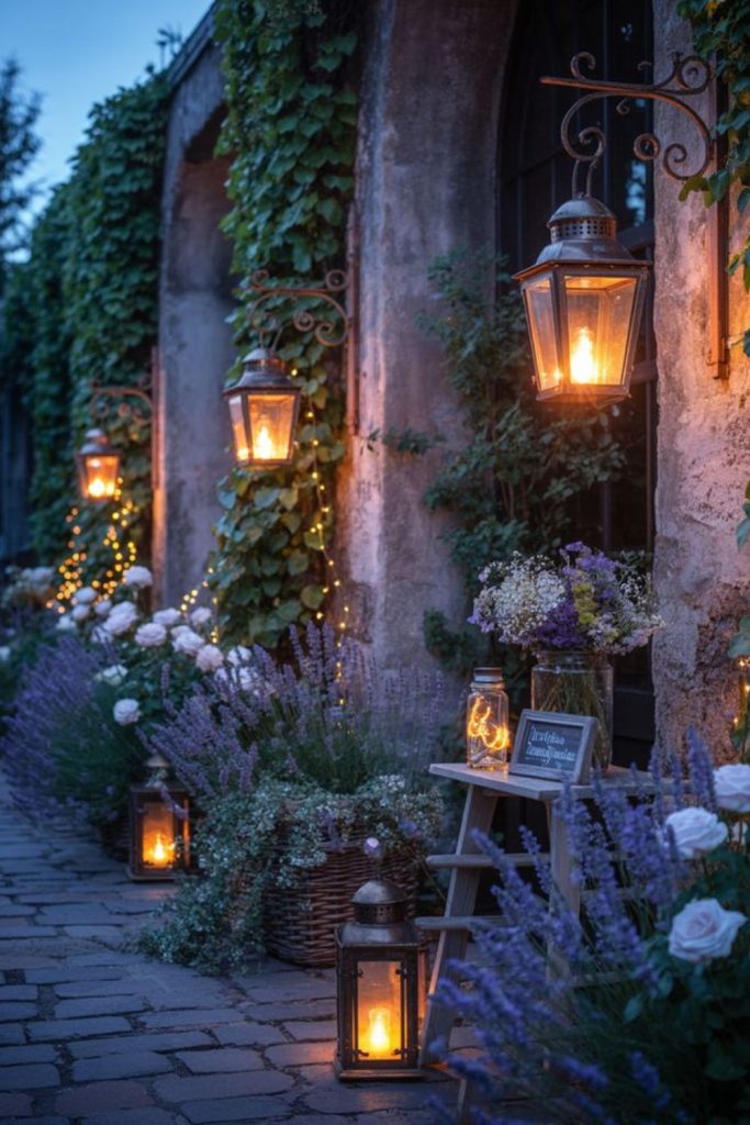 Hanging lanterns casting warm evening glow