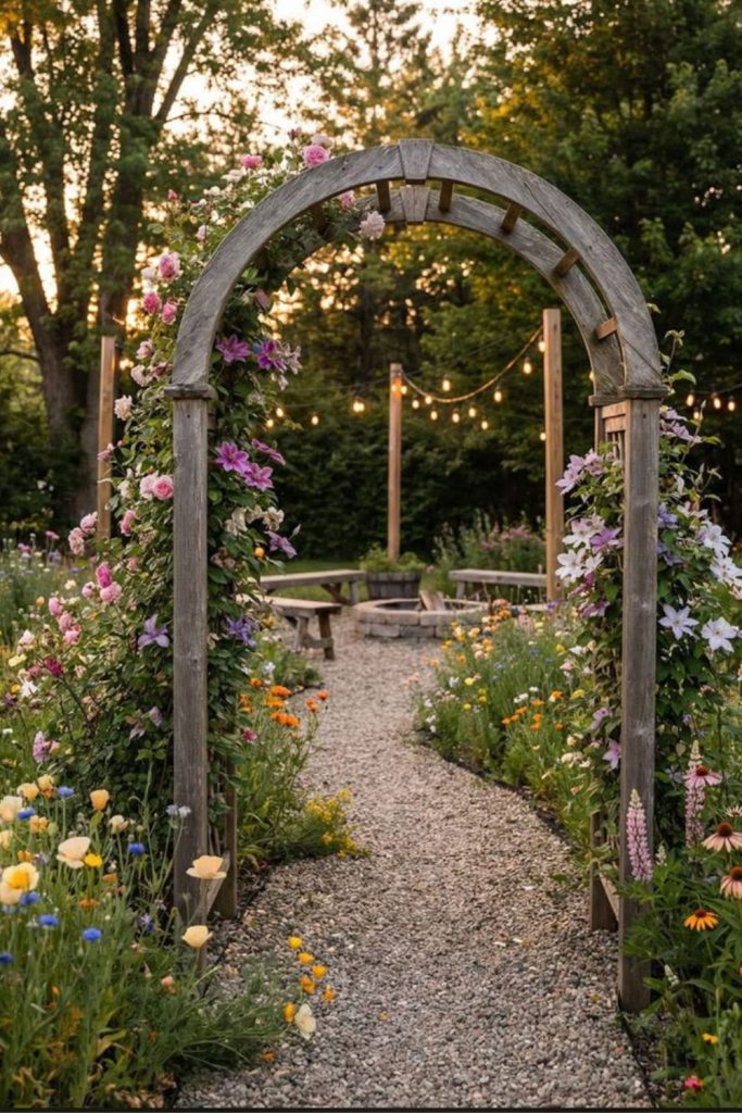 Rustic arbor with climbing roses arching.
