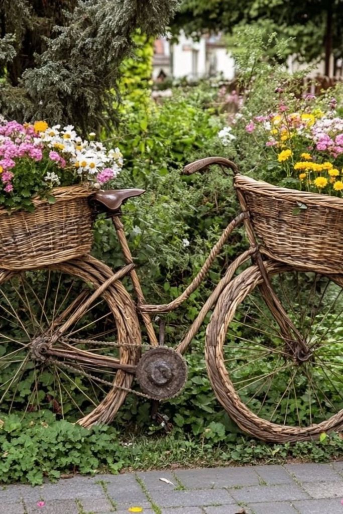 Old bicycle with baskets of flowers