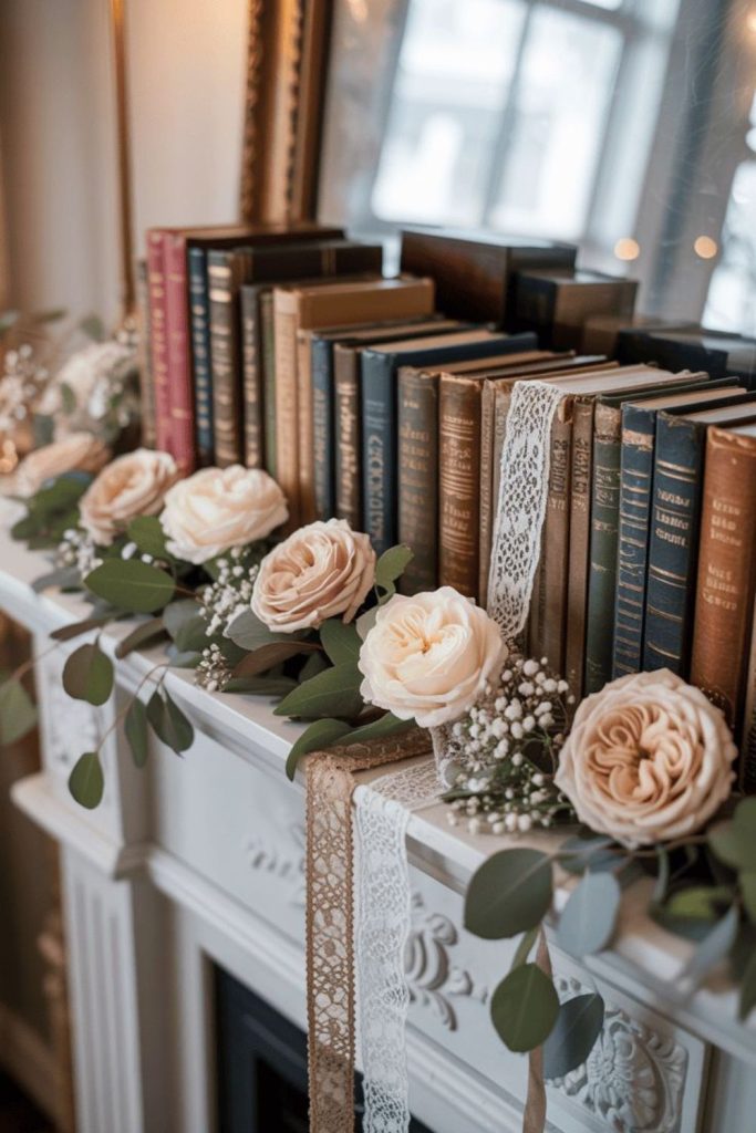 Stacked books with fresh flowers