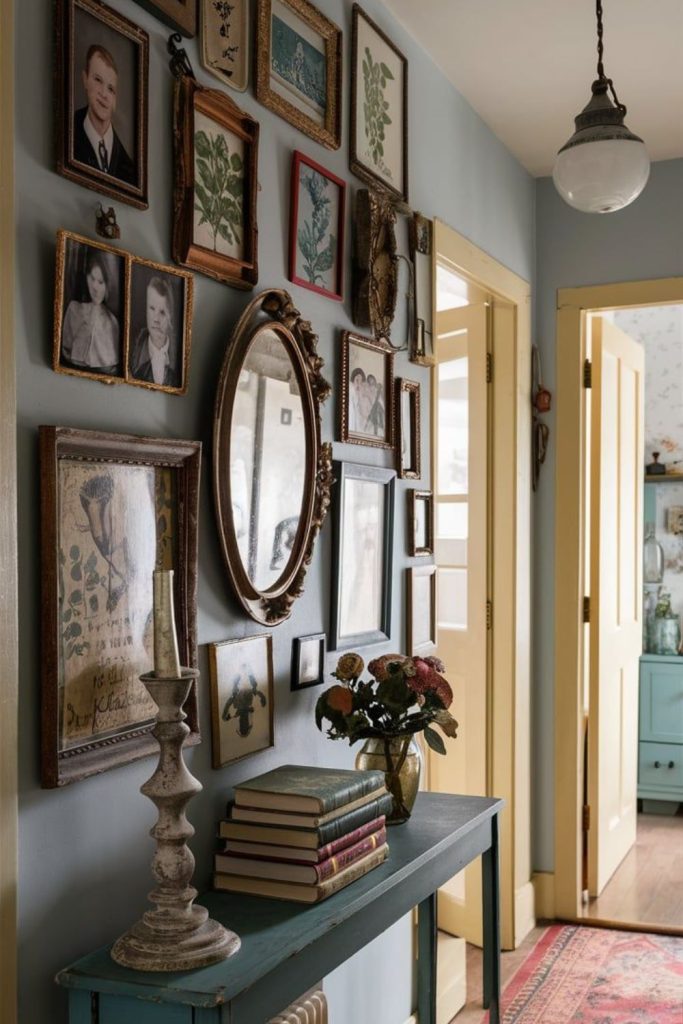 Nostalgic frames with antique art pieces.