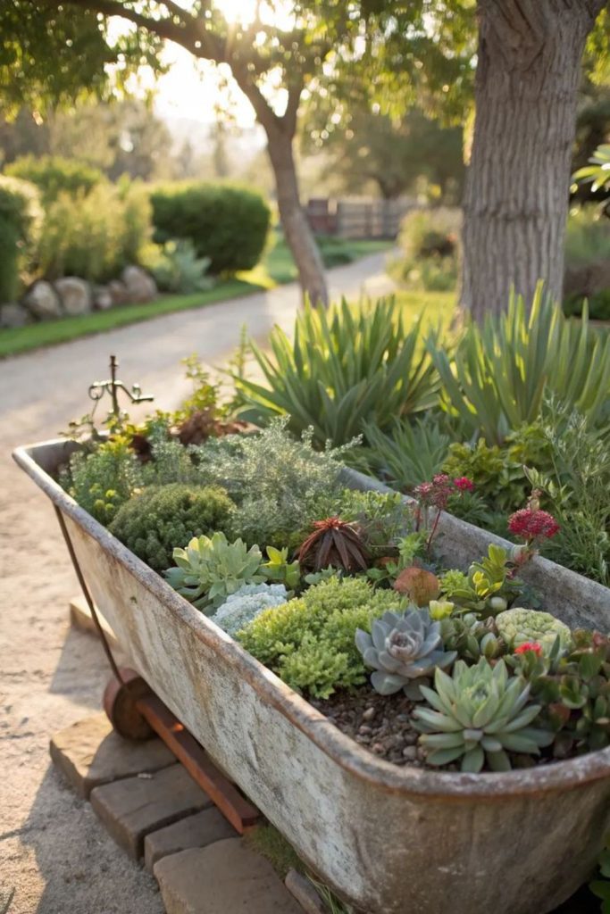 Galvanized troughs holding trailing plants