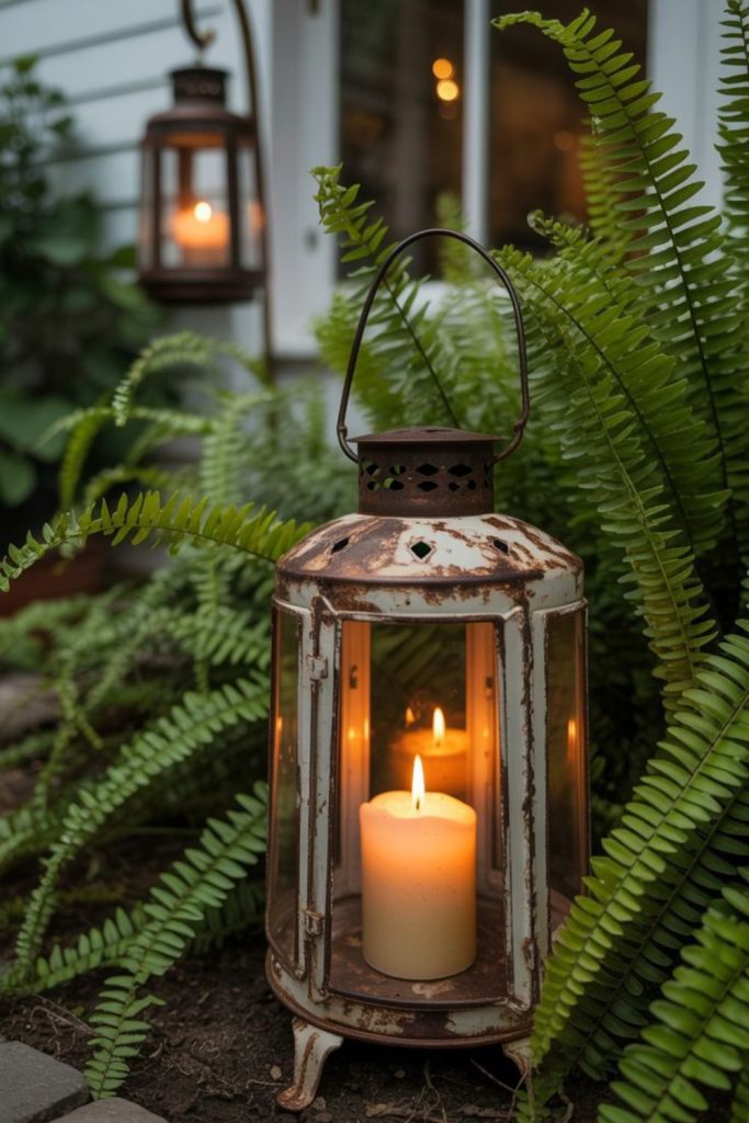 Iron posts supporting glowing lanterns