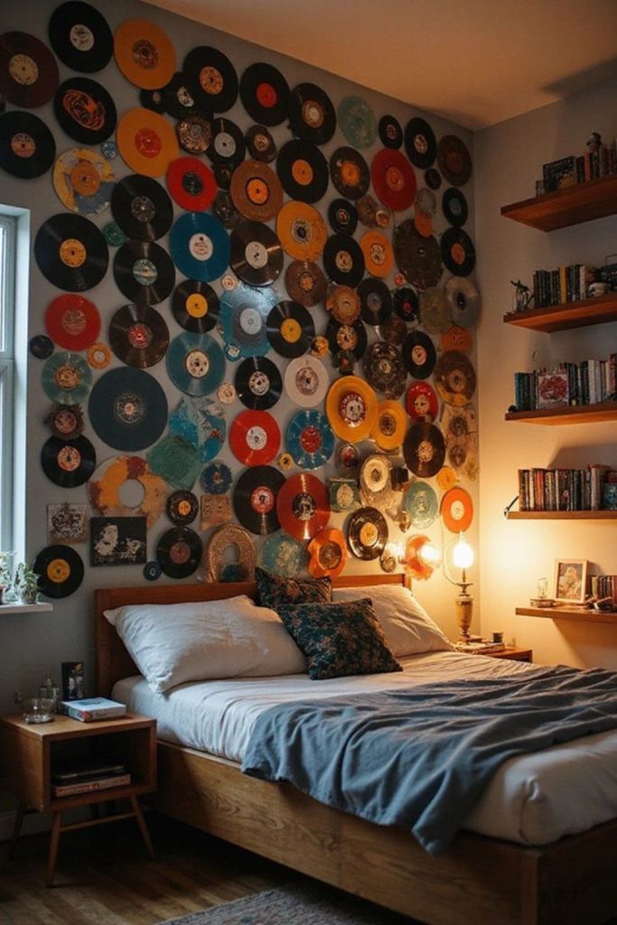 Old vinyl records mounted off-kilter wall