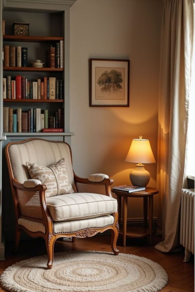 Vintage chair beside warm reading nook.
