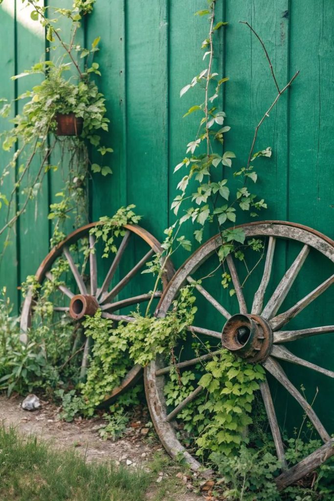 Wooden wheels hanging on fence