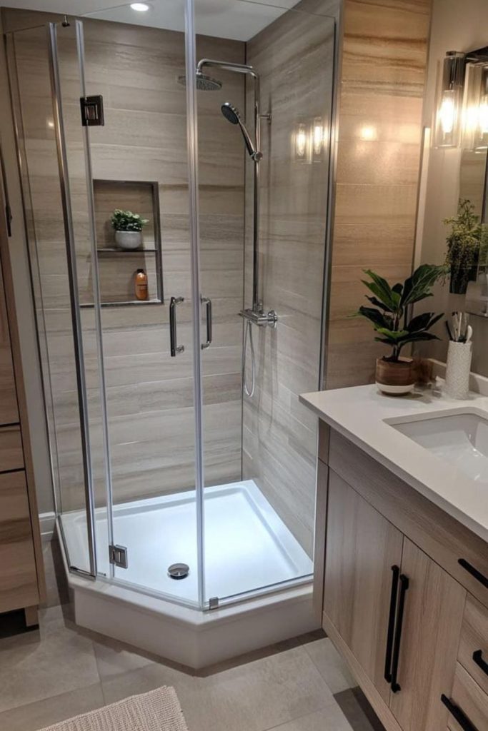 Teak wood textured corner shower.