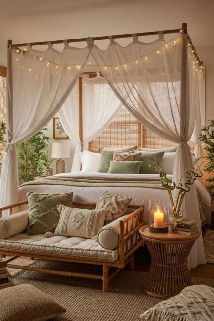 Canopy bed with sheer drapes.