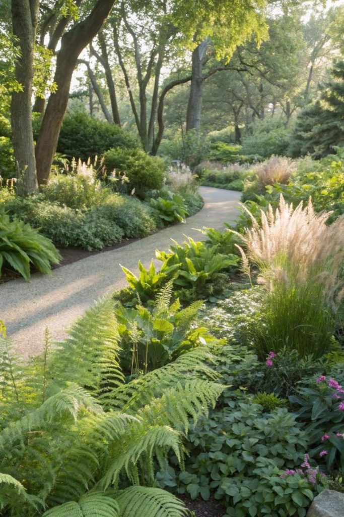 Tall ferns lining mossy stone paths.