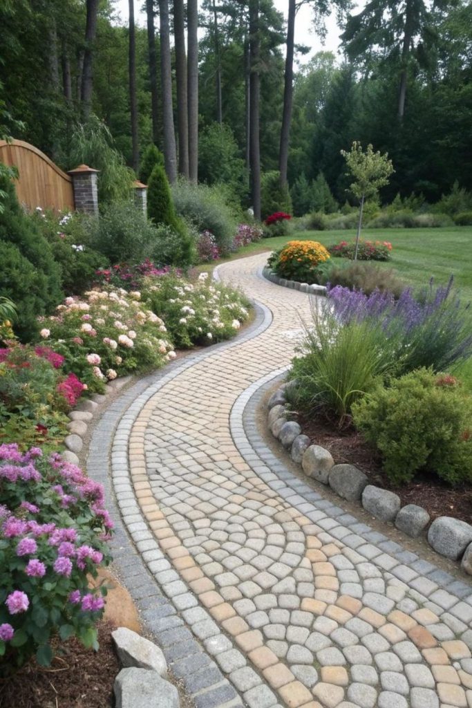 Curved willows shade serene flowered paths.