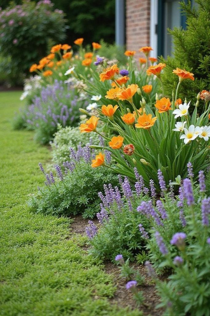 Colorful wildflowers swaying in sunny meadow.