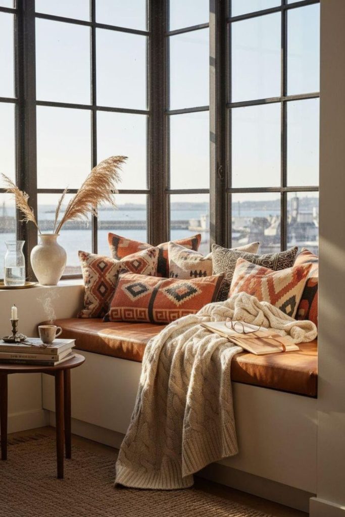 Cozy window seat with cushions.