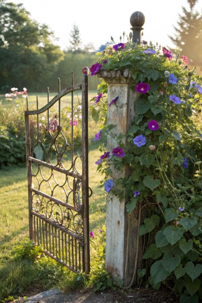 Rusted iron gates with climbing roses