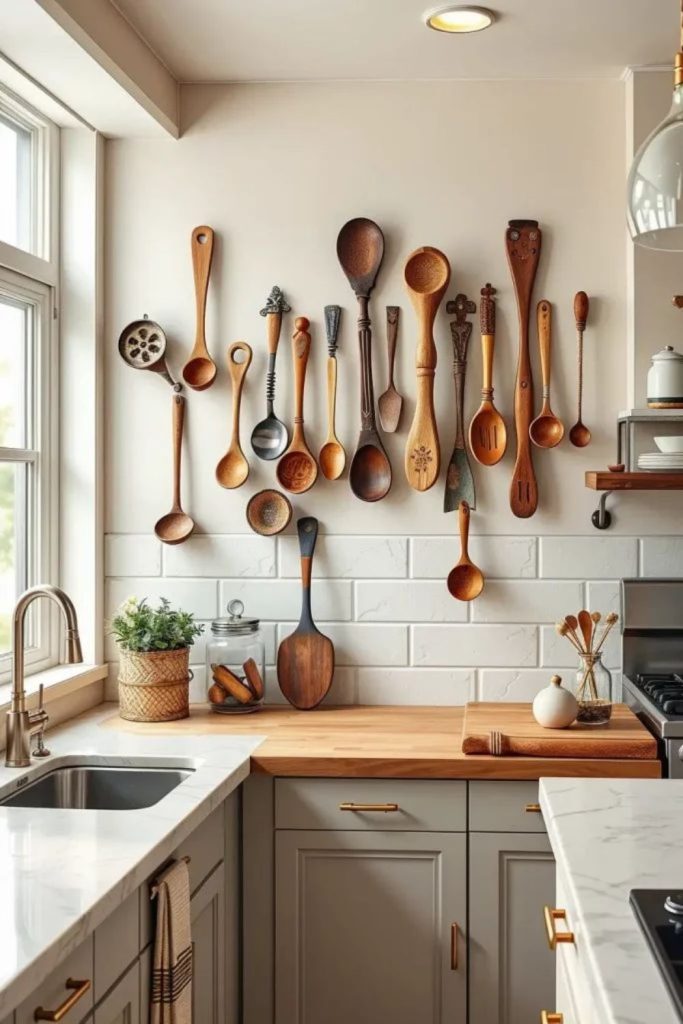 Wooden utensils arranged on wall decor