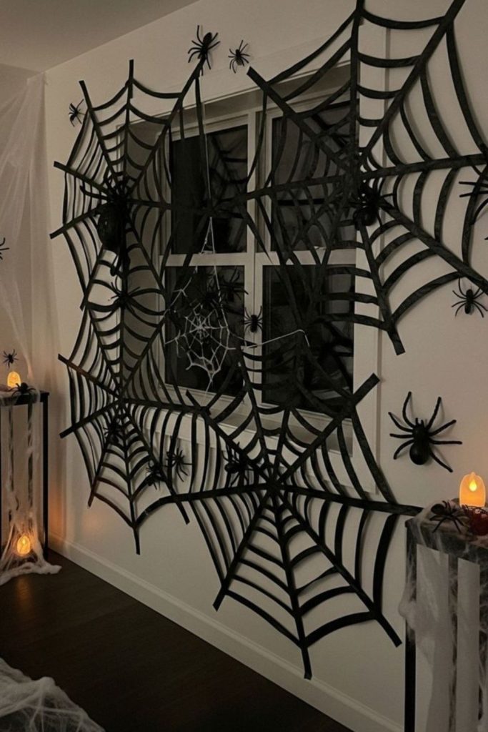 Yarn strands creating intricate overhead web