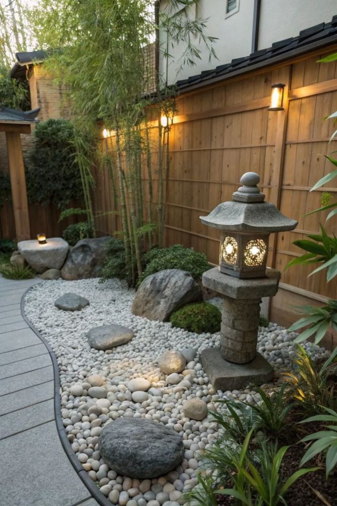 Minimalist pebbles and tranquil bonsai arrangements.