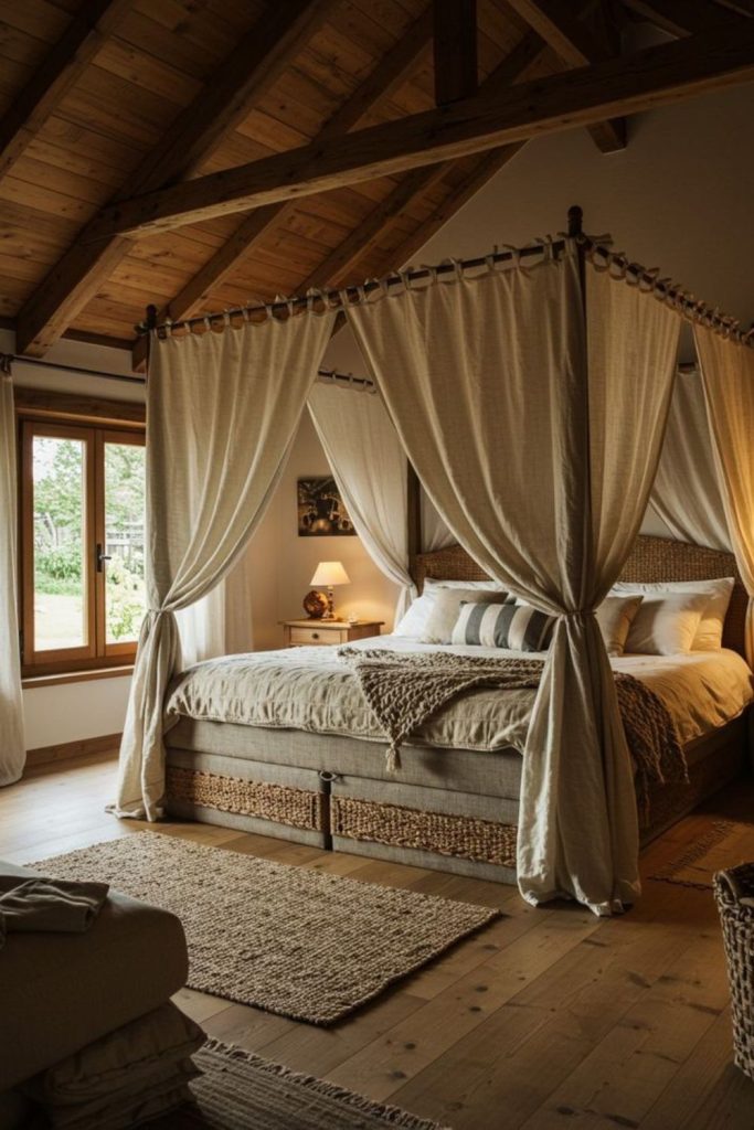 Timber beams linen earthy rustic warmth