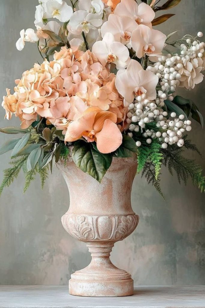Faded roses hydrangeas ornate vase