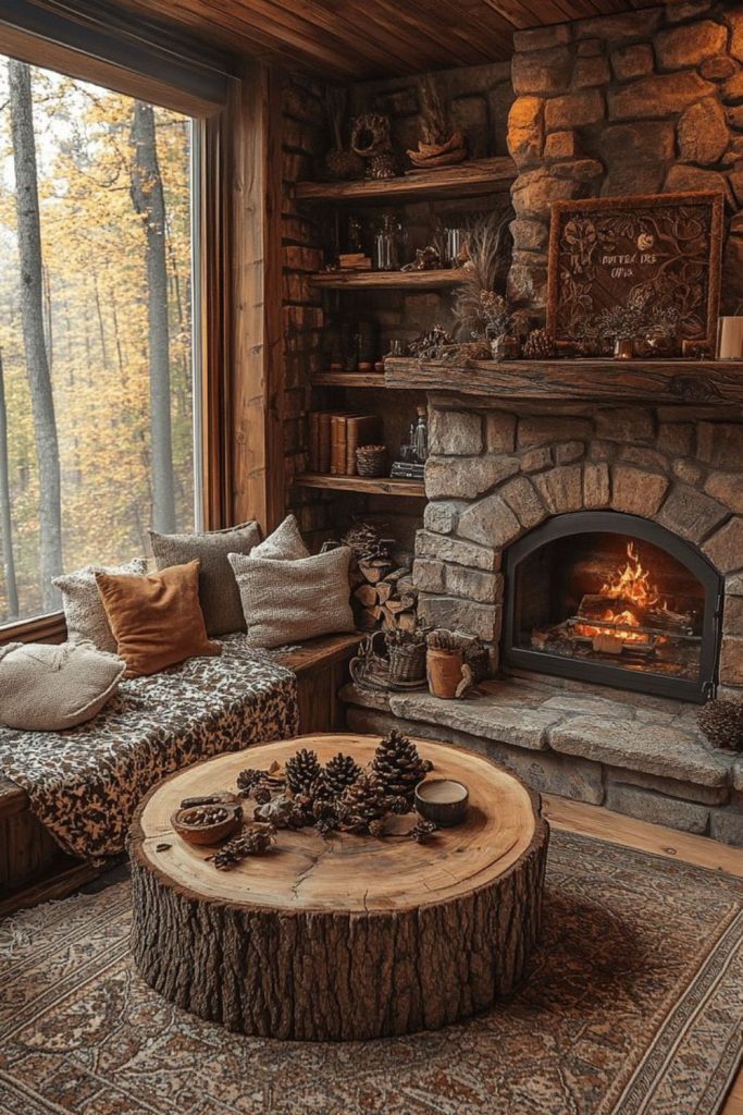 Appalachian cabin corner with stone hearth