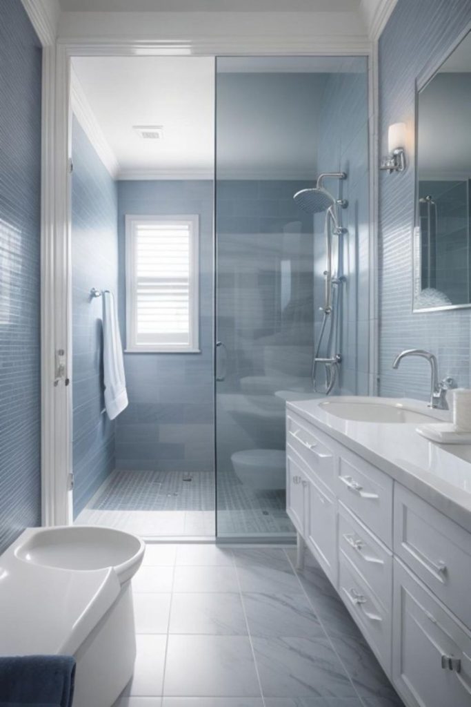 “Icy blue bathroom with frosted glass”
