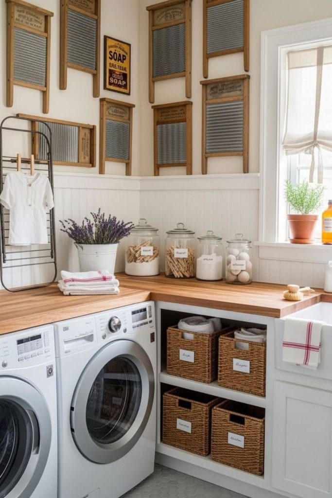 Handcrafted rustic laundry room artisan shelves