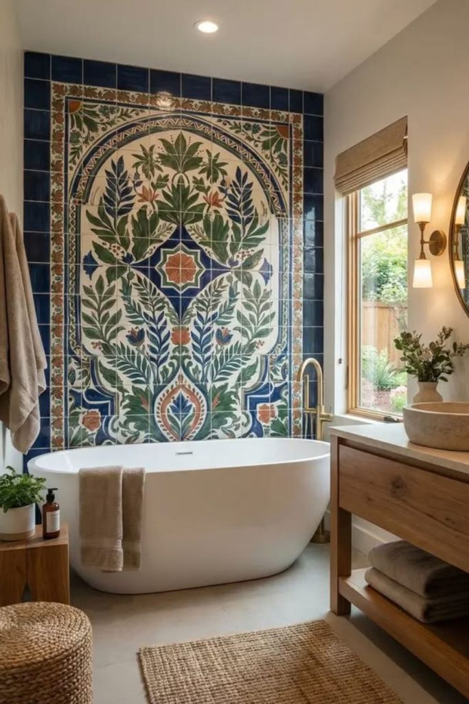 “Handcrafted bathroom with carved tile murals”